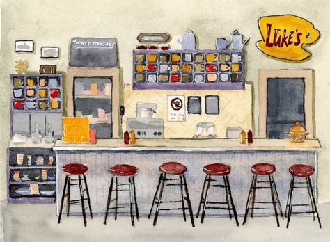 Lukes Diner Poster, Gilmore Girls Watercolor, Luke’s Diner, Gilmore Girls Crafts, Gilmore Girls Doodles, Gilmore Girls Painting, Gilmore Girls Drawings, Diner Drawing, Gilmore Poster