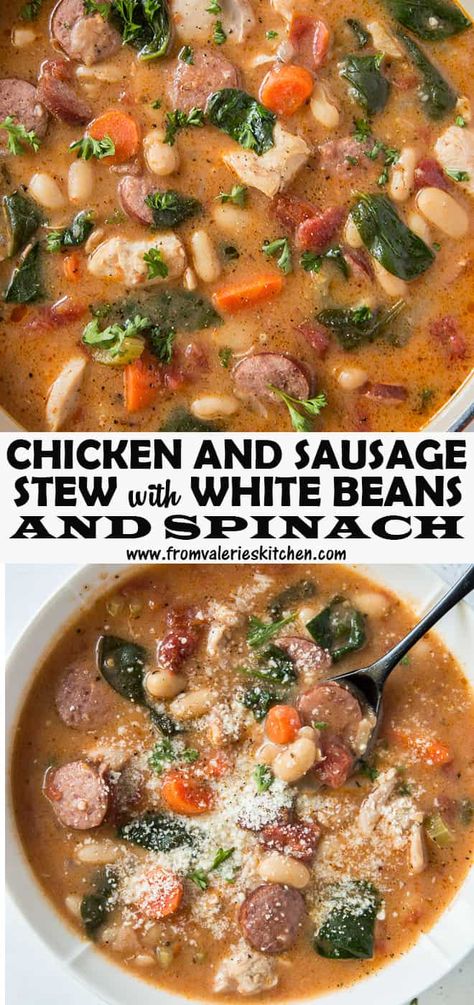 An easy stovetop method and simple ingredients create this flavor-packed Chicken and Sausage Stew with White Beans and Spinach. A rustic, comforting choice for a cold winter evening. #stew #chickenstew #sausage #onepotrecipes #healthyrecipes Chicken And Sausage Stew, White Beans And Spinach, Sausage Soup Recipes, Sausage Stew, Chicken And Sausage, Sausage Soup, Smoked Cooking, Bean Stew, Winter Evening