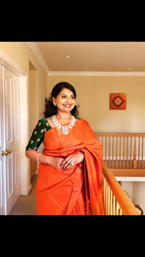 Orange Colour Saree Blouse Combination, Orange Colour Saree Contrast Blouse, Orange Silk Saree Contrast Blouse, Orange Saree Contrast Blouse, Orange Saree Blouse Combination, Long Blouse Designs, Cotton Saree Blouse Designs, New Blouse Designs, New Saree Blouse Designs