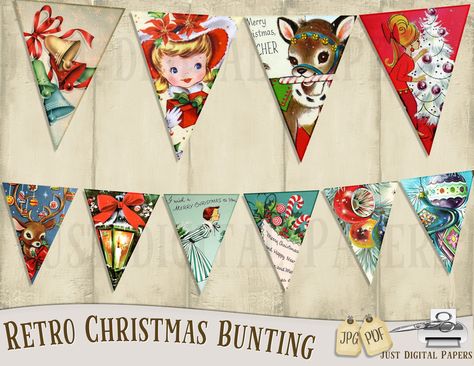 Christmas Bunting Ideas, Ornament Ideas Diy, Vintage Christmas Decorations 1950s, The Best Christmas Pageant Ever, Nostalgia Christmas, Best Christmas Pageant Ever, Vintage Handkerchiefs Crafts, Vintage Bunting, Halloween Bunting