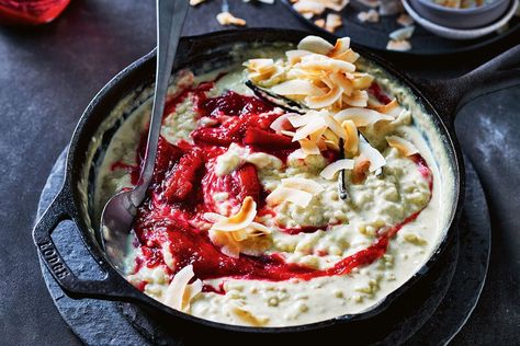 Chilled coconut rice pudding with rhubarb jam recipe - Recipes - delicious.com.au Coconut Cream Rice, Roasted Quince, Rhubarb Desserts Recipes, Rhubarb Dessert, Entertaining Desserts, Rhubarb Jam Recipes, Baked Rice Pudding, Coconut Rice Pudding, Rice Pudding Recipes