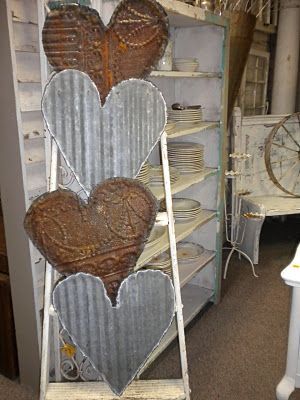 Tin hearts, I love these! Tin Hearts, Painted Porch, Metal Hearts, Junkyard Dog, Corrugated Tin, Corrugated Metal, Valentine Ideas, Heart Crafts, Metal Projects