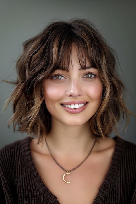 Must-Try Medium Hair Cuts with Bangs Stacked Bob With Fringe, Short Textured Hair With Bangs, Medium Length Wavy Layered Hair, Shag Plus Size, Medium Bob Bangs, Brown Hair With Highlights And Bangs, Short Layered Hairstyles With Bangs, Short Curly With Bangs, Medium Hair Cuts With Bangs