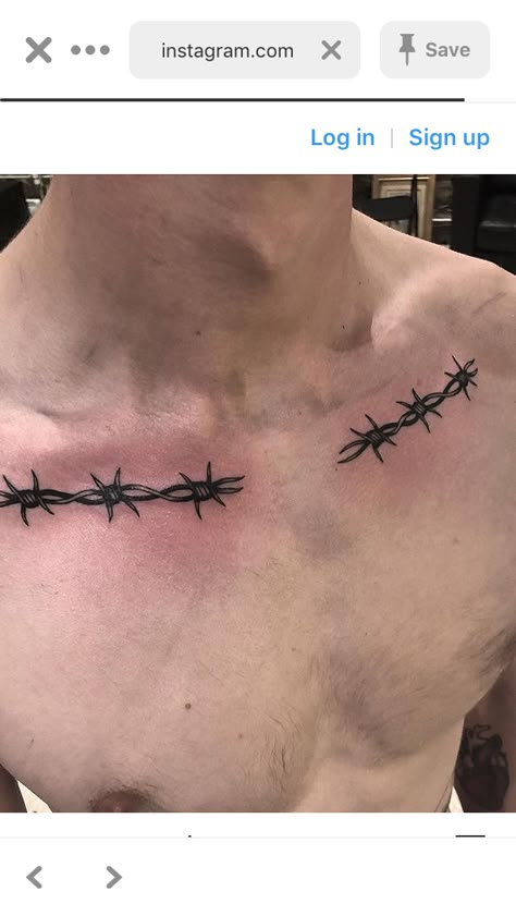 Collarbone Tattoo Barbed Wire, Clavical Tattoo Men, Barbed Wire Collarbone Tattoo, Barbwire Collar Bone Tattoo, Barbed Wire Chest Tattoo, Color Bone Tattoo Men, Barbwire Tattoo For Men, Metal Head Tattoos, Barbed Wire Collar Bone Tattoo