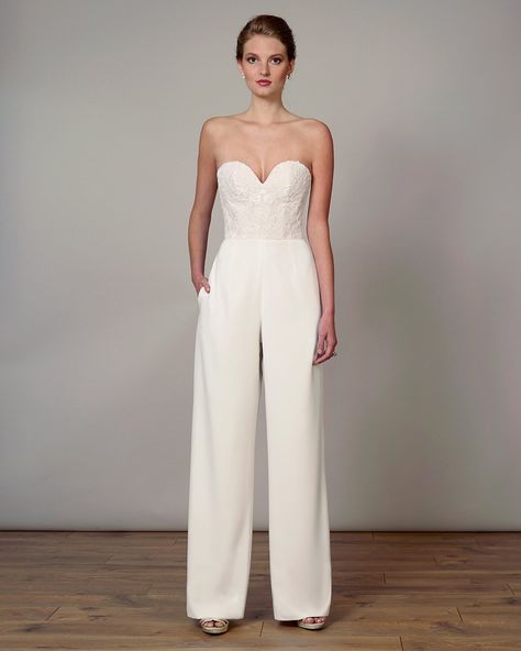 liancarlo wedding dress spring 2019 corseted bodice jumpsuit Female Wedding Suit, Female Tux, Wedding Suits For Bride, Wedding Jumpsuits, Wedding Guest Outfit Spring, Wedding Pantsuit, Glamorous Gowns, Wedding Pants, Jumpsuit For Wedding Guest