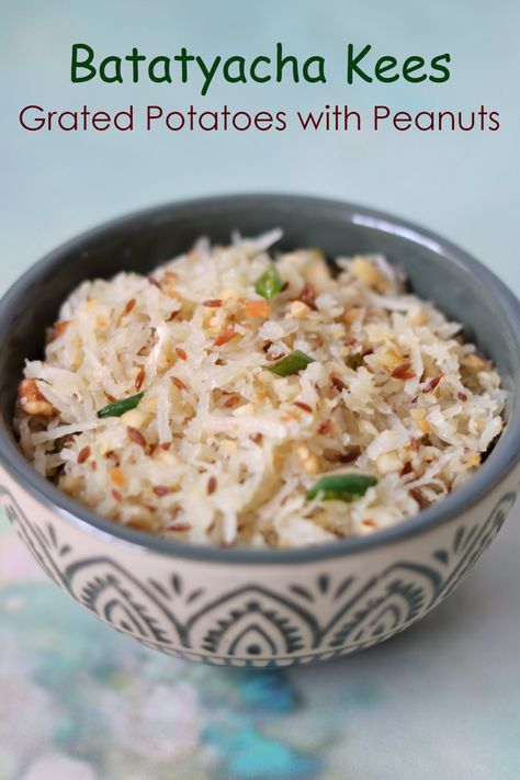 Pan-fried grated potatoes flavoured with roasted and crushed peanuts. The ghee-based tempering of cumin and green chillies also adds to the deliciousness. Fasting Recipes, Peanut Powder, Grated Potato, Eat Happy, Roasted Peanuts, Indian Food Recipes Vegetarian, Indian Recipes, Gluten Free Vegetarian, Indian Food Recipes