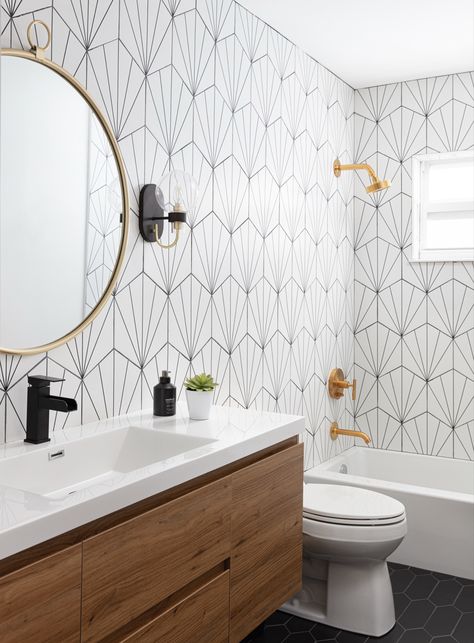 Geometric Tile Bathroom, Geometric Tiles Bathroom, Geometric Bathroom, Bathroom Wall Tiles, Geometric Tiles, Cottage Ideas, Black Floor, Bathroom Update, Bathroom Wall Tile