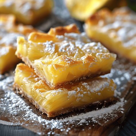 If you’re a fan of fruity desserts, prepare to be enchanted by these Pineapple Bliss Bars. Combining the zesty sweetness of pineapple with a creamy filling and a crumbly crust, ... Read more Pineapple Coconut Recipes, Pineapple Upside Down Bars, Fried Pineapple With Coconut Crust, Pineapple Bliss Bars Recipe, Pineapple Bliss Bars, Pineapple Tidbits Recipes, Pineapple Bars, Bliss Bars, Bliss Bar