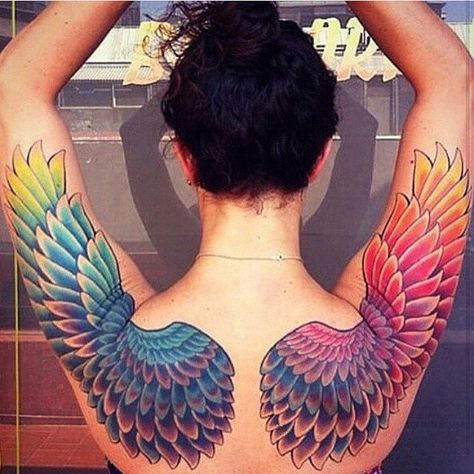 Full shoulder wing tattoos | I love the placement and size, but with a shaded line tattoo rather than color Gay Pride Tattoos, Angel Wings Tattoo On Back, Tato 3d, Wing Tattoos On Back, Colorful Wings, Tattoo Son, Gay Tattoo, Pride Tattoo, Rainbow Tattoos