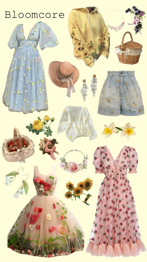 Fairy Inspired Outfit Aesthetic, Flowercore Aesthetic Outfits, Bloomcore Outfits Aesthetic, Bloom Core Aesthetic Outfits, Bloom Core Outfits, Florist Outfit Aesthetic, Y2k Cottagecore Outfits, Bloomcore Fashion, Flower Aesthetic Outfits