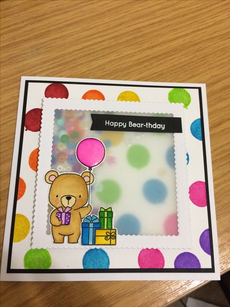 Rainbow balloon stamped background. Vellum shaker card with Mft Beary special birthday stamp Vellum Shaker Card, Cardmaking Sketches, Shaker Cards Tutorial, Mft Stamps Cards, Birthday Blast, Bear Balloon, Animal Stamps, Special Birthday Cards, Bear Card