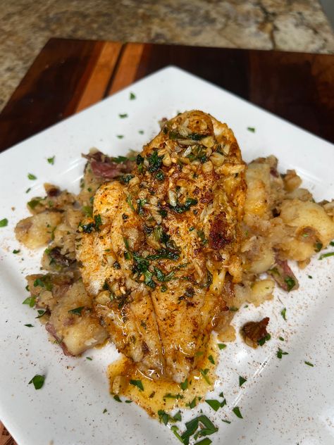 Cajun Stuffed Catfish Stuffed Catfish, Catfish Dinner, Catfish Fillets, Smothered Potatoes, Lump Crab Meat, Cajun Fries, Louisiana Kitchen, Catfish Recipes, Cookies And Cream Cheesecake