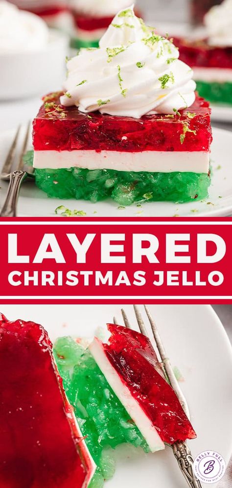 Layered Christmas Jello l Belly Full Vintage Jello Recipes, Christmas Ribbon Jello Recipe, Mexican Jello Desserts, Christmas Jello Recipes, Ribbon Jello Recipe, Mexican Jello Recipe, Jello Recipes Christmas, Cherry Jello Recipes, Rainbow Jello Recipe