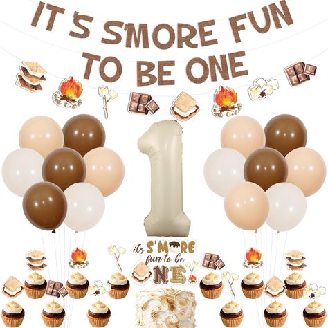 PRICES MAY VARY. S'more 1st Birthday Party Decorations: Package includes 18*12 inches latex balloons, 1 “IT’S S’MORE FUN TO BE ONE” birthday banner, 1 S'more themed garland, 1 “it’s S’MORE fun to be ONE” cake topper, 12 S'more themed cupcake toppers, 1*32 inches number 1 foil balloon and 2 white ribbons 33ft. Unique Design: This S'more 1st birthday decorations are designed as letters “It’s S’more Fun to Be One”, which is matched with lovely s’more themed patterns, such as marshmallow, bonfire, c First Bday, One Banner, Birthday Garland, 1st Birthday Party Decorations, 1st Birthday Party, Bday Party, Fun To Be One, Cupcake Toppers, Birthday Party Decorations