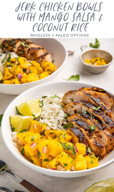 Jerk Chicken Coconut Rice, Grilled Healthy Recipes, Mango Jerk Chicken, Jerk Chicken With Mango Salsa, Jerk Mango Chicken, Mango Chicken Rice Bowl, Paleo Spring Recipes, Coconut Rice Dinner Ideas, Cold Chicken Bowls