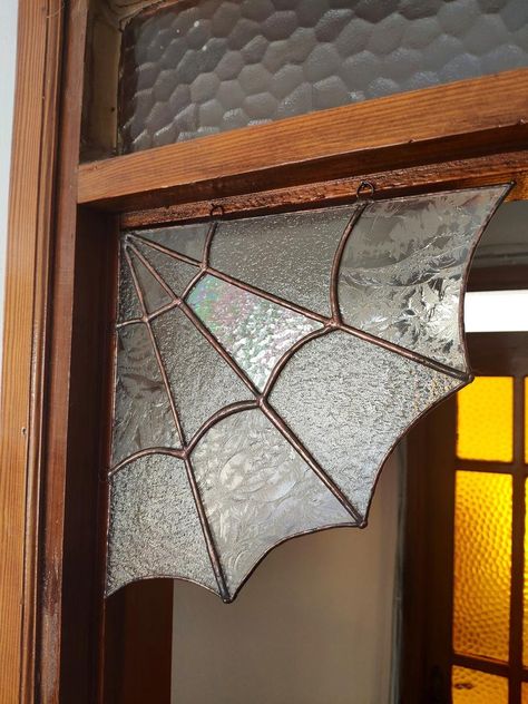 Stained Glass Spider Web, Iridescent Decor, Stained Glass Spider, Window Corner, Web Panel, Glass Spider, Stained Glass Lamp Shades, Stained Glass Gifts, L'art Du Vitrail