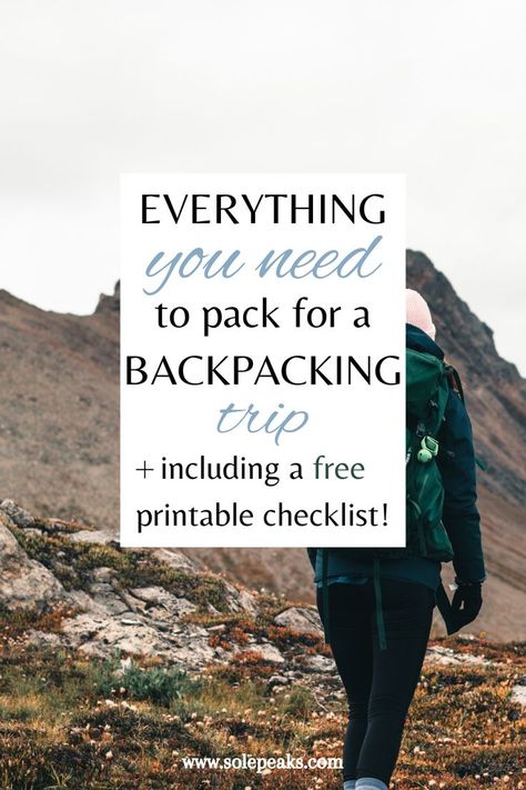 A complete list of everything you need to pack for a trip into the backcountry. Essentials included for sleeping, cooking, weather, camping, bathroom, and safety outdoors. Includes a free printable checklist for backpacking! Backpacking Packing List, Backpacking Checklist, Camping Bathroom, Pack For A Trip, Checklist Printable, Backpacking Trip, Printable Checklist, Backpacking Packing, Backpacking Travel