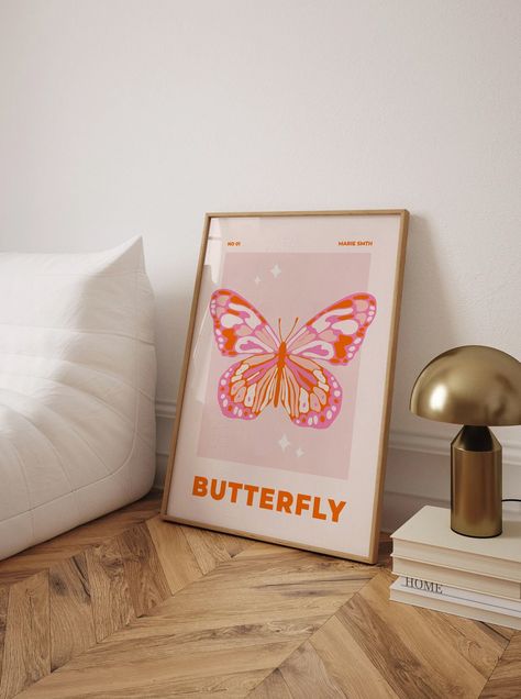 Y2k Aesthetic Poster, Preppy Pink, Wall Art Trendy, Aesthetic Poster, Geometric Poster, Danish Pastel, Maximalist Decor, Butterfly Wall Art, Pink Wall