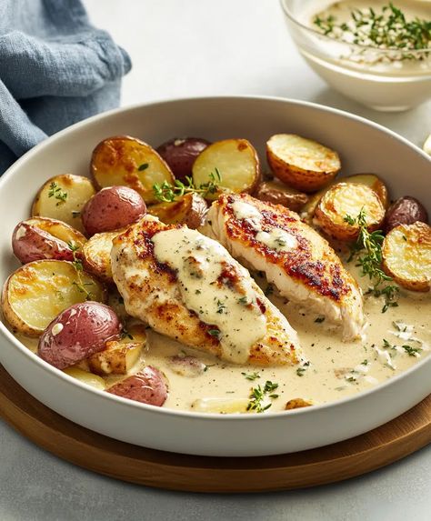 Chicken And Potatoes With Dijon Cream Sauce Recipe - janarecipes.com Dijon Cream Sauce Recipe, Dijon Chicken And Potatoes, Dijon Cream Sauce, Broccoli And Potatoes, Cream Sauce Recipe, Dijon Chicken, Mini Potatoes, Cream Sauce Recipes, Chicken And Potatoes