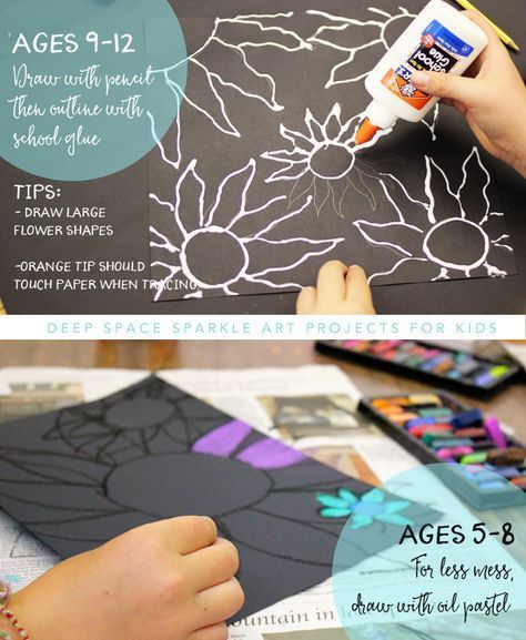 Easy chalk flowers art project for kids age 5-12. Connect art project with Vincent Van Gogh art unit Chalk Flowers, Classe D'art, Deep Space Sparkle, Art Project For Kids, 4th Grade Art, 3rd Grade Art, Project For Kids, Elementary Art Projects, Homeschool Art