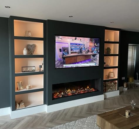 Home Decor Tv Stand, Home Decor Tv, Decor Tv Stand, Tv Stand Ideas, Tv Mounted, Tv Fal, Modern Tv Wall Units, Feature Wall Living Room, Built In Shelves Living Room