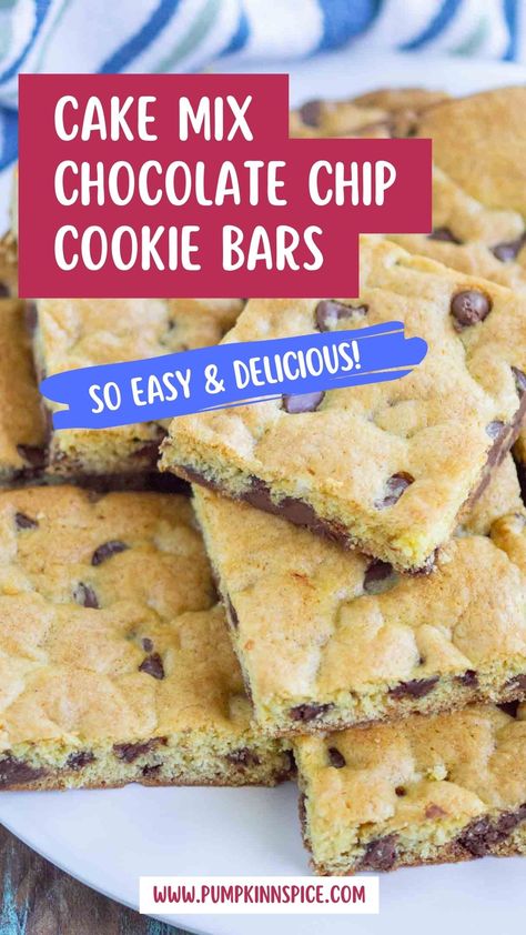 These Cake Mix Chocolate Chip Cookie Bars are simple to prepare and made with just five ingredients. By using a boxed cake mix, these bars bake up soft, chewy, and are loaded with chocolate! Yellow Cake Cookie Bars, Cookie Bars With Chocolate Cake Mix Easy Recipes, Chocolate Chip Cake Mix Bars, Spice Cake Mix Cookie Bars, Cake Mix Chocolate Chip Cookie Bars, Cake Mix Cookie Bars 3 Ingredients, Cake Mix Cookie Bars Recipes, Cake Mix Brownies 3 Ingredients, Desserts Using Cake Mix Boxes