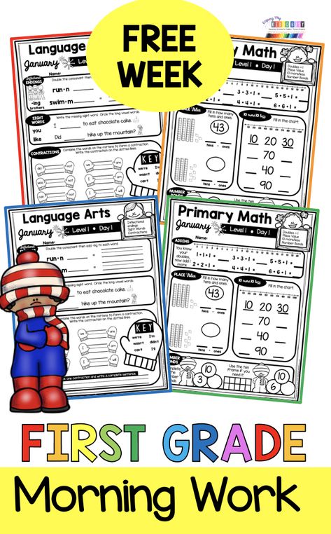 Daily review for first grade math - phonics and reading - sight words - addition - subtraction - numbers up to 120 - place value - language arts - grammar - writing and so much more - FREE week from every month - free first grade worksheets and lessons - freebie printables for bell ringers - morning work - test prep - daily review - homeschool ideas and first grade homeschooling worksheets - virtual learning and distance learning packets winter - January - Christmas #firstgrade First Grade Literacy Worksheets, Bell Work Grade 3, Daily Math Review 1st Grade, First Grade Free Worksheets, Daily Worksheets Morning Work, Free First Grade Math Printables, Morning Work For First Grade Free, Daily 3 Math First Grade, Morning Work Grade 2 Free