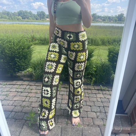 CUSTOM crochet granny square pants 💚🤎🤍 #crochet... - Depop Granny Square Pants Pattern, Crochet Granny Square Pants, Granny Square Pants, Pants Crochet, Custom Pants, Pants Custom, Crochet Pants, Square Pants, Crochet Granny Square