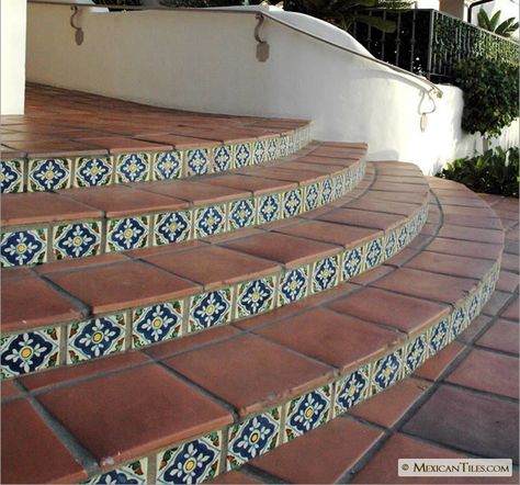 Continuing my Mexican tile and brick obsession... This combination just works together, especially when the tiles include blue! I love the shape of this outdoor staircase as well... Tiled Staircase, Porch Stairs, Tile Steps, Porch Tile, Patio Steps, Terracotta Floor, Exterior Stairs, Tile Stairs, Patio Tiles