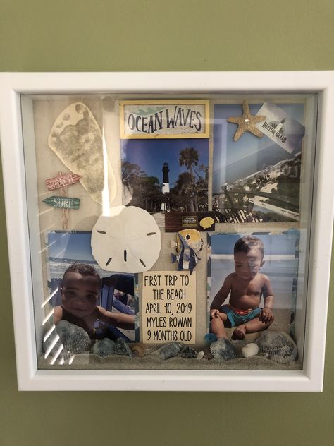 Beach Theme Shadow Box Ideas, First Beach Trip Keepsake, Shadow Box With Shells, Diy Beach Keepsakes, Beach Keepsake Ideas, Beach Shadow Box Ideas, Travel Shadow Boxes, Beachy Pictures, Beach Keepsakes