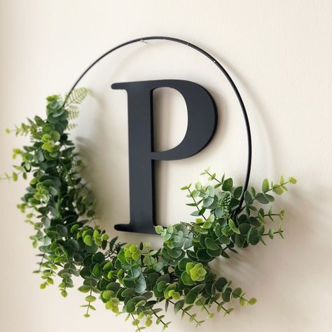 Wreath With Initial, Initial Wall Decor, Diy Staircase, Faux Eucalyptus, Initial Wall, Modern Wreath, Halloween Decorations Diy Outdoor, Artificial Eucalyptus, Salon Suites