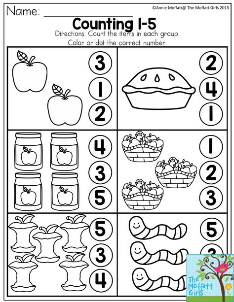 Counting 1-5.  Count the items in each group and dot or color the correct number.  There are tons of activities to help preschool students learn basic number recognition in the September NO PREP Packet for Preschool! Counting Worksheets For Kindergarten, Summer Kindergarten, Summer Worksheets, Preschool Counting, Numbers Kindergarten, Math Counting, Numbers Preschool, Math Game, Kindergarten Math Worksheets