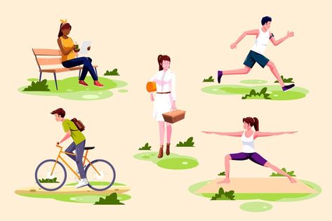 Open air activities illustration | Free Vector #Freepik #freevector Recreational Activities Drawing, Indoor Recreational Activities, Activities Illustration, Air Activities, Outdoor Recreational Activities, Project Drawing, Person Silhouette, Walking People, Ride Bicycle