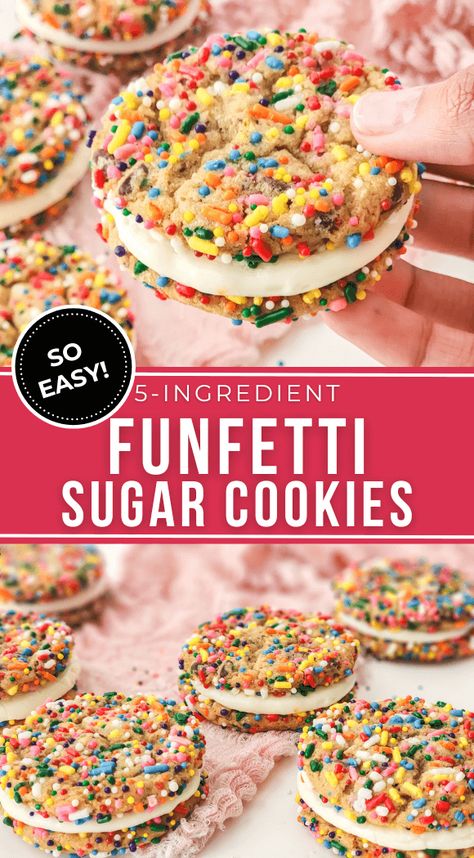 5 Ingredient Funfetti Sugar Cookie Sandwiches will transport you straight back to childhood. These delightful treats are the perfect combination of soft cookies, rainbow sprinkles, and cream cheese frosting. Cream Cheese Fristing, Pillsbury Chocolate Chip Cookies, 30 Minute Desserts, Kids Desserts, Rainbow Sugar Cookies, Cookie Sandwich Recipes, Soft Cookies, Cookie Sandwiches, Ice Cream Cookie Sandwich