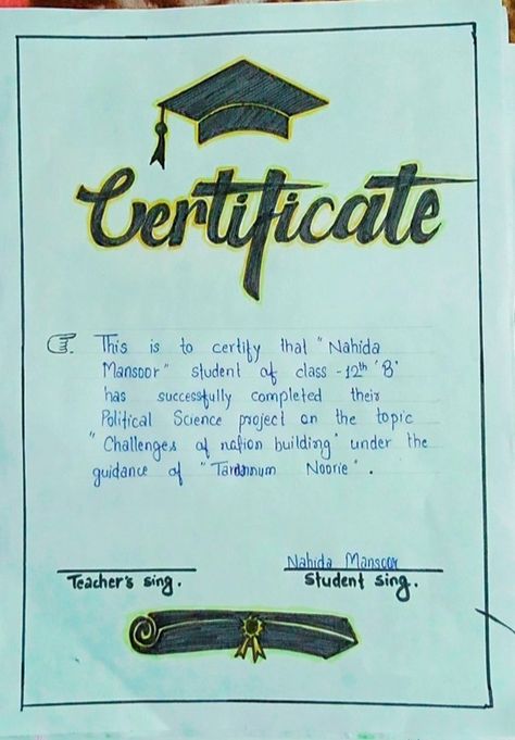 Certificate Calligraphy Fonts, Calligraphy On Certificate, Borders For Certificates Design, Certificate Of Project File, Project Certificate Page, Certificate Design For School Project, Certificate Ideas For Project File, Project File Design Ideas School, Economics In Calligraphy