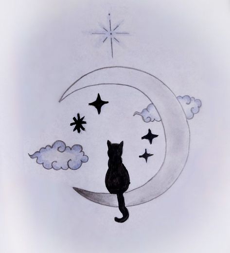 Cute Moon Drawings Simple, Cat On A Moon Drawing, Cat On The Moon Drawing, Easy Cat Drawing Simple, Light Blue Bucket Hat, Simple Cat Drawing, Blue Bucket Hat, Cat Drawing Tutorial, Drawing Stars