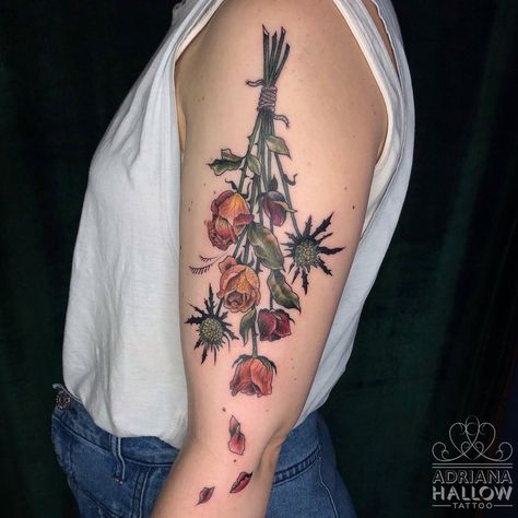 Dried Flower Tattoo Design, Hanging Flowers Tattoo, Dried Flower Bouquet Tattoo, Upside Down Flower Tattoo, Emo Flower Tattoo, Hanging Flower Tattoo, Dried Rose Tattoo, Poppy Tattoo Wrist, Pressed Flower Tattoo