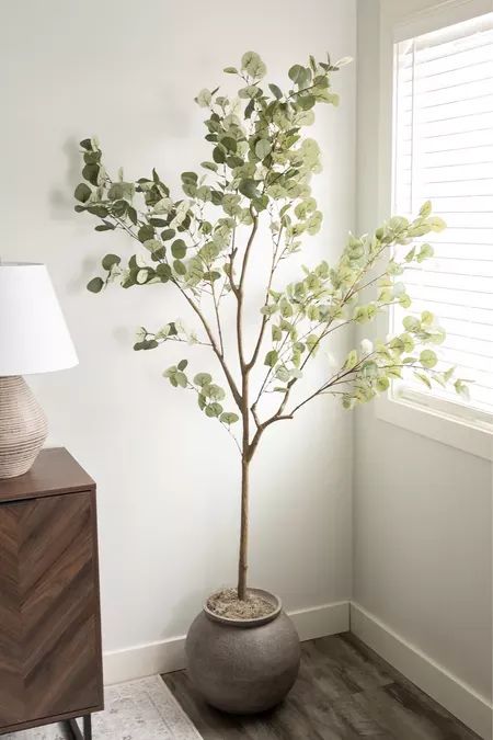 Faux Tree Bedroom, Bedroom Tree Plant, Living Room Trees, Corner Filler Decor, Corner Tree Decor, Faux Tree In Bedroom, Eucalyptus Living Room Decor, Faux Plants Bedroom, Floor Plants Decor Living Rooms