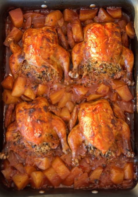 Holiday Baked Stuffed Cornish Hens With Potatoes | Sivan's Kitchen Christmas Cornish Hens, Crockpot Cornish Hen Recipe, Cornish Hens Baked, Cornish Hen Recipe Baked, Stuffed Cornish Hen Recipe, Cornish Hen Recipes Oven, Stuffed Cornish Hens, Sivan's Kitchen, Cooking Cornish Hens