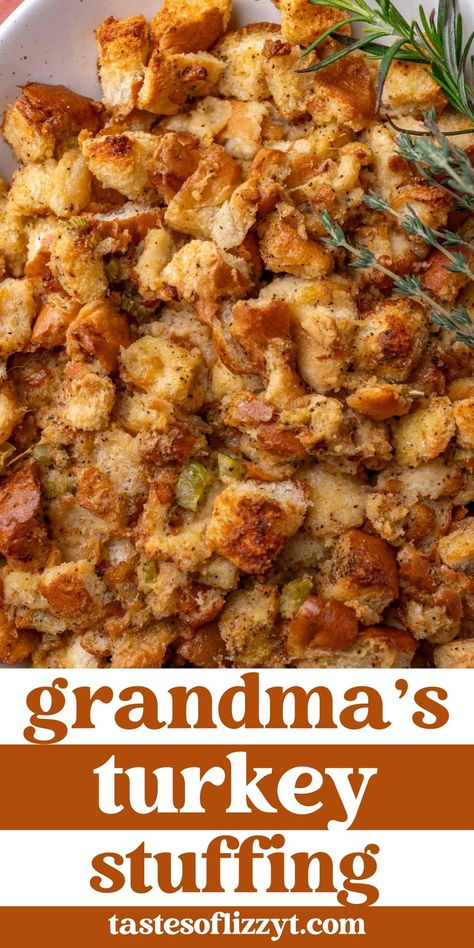 My Grandma's Thanksgiving Turkey Stuffing has stood the test of time. This buttery, savory, melt-in-your-mouth stuffing is the best stuffing recipe around! Butter Stuffing, Turkey Stuffing Recipe, Thanksgiving Turkey Stuffing, The Best Stuffing, Homemade Stuffing Recipes, Best Stuffing Recipe, Keto Turkey, Easy Stuffing Recipe, Turkey Stuffing Recipes