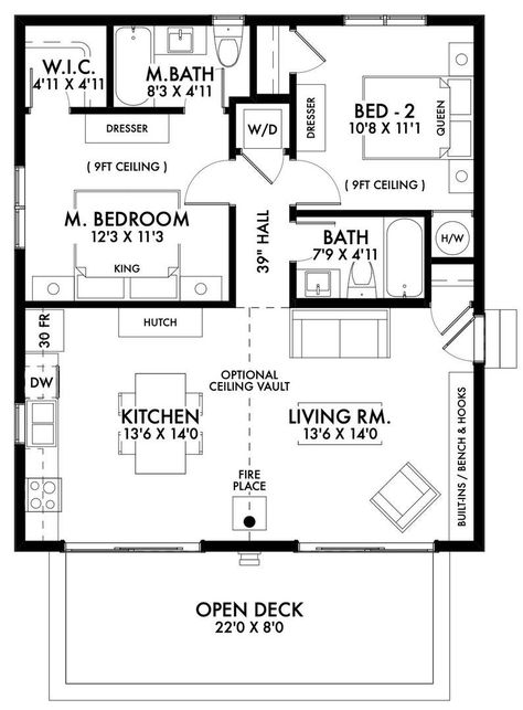 Small house plans Cabin Plan, Black Cabin, Contemporary Cabin, Small Cottage House Plans, Small Floor Plans, 2 Bedroom House Plans, Cabin Floor Plans, Small House Floor Plans, Barndominium Floor Plans