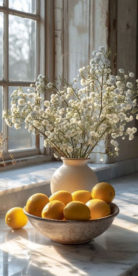 Flowers In Kitchen Decor, Italian Apartment, Lemon Plant, 2025 Moodboard, Apartment Living Room Design, Simple Centerpieces, Cottagecore Decor, French Decor, Apartment Living Room