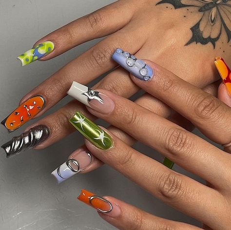 Long multi colored coffin nails with unique customized design Multi Colored Nails, Customized Nails, Girls Nail Designs, Asian Nails, Aesthetic Nails, Edgy Nails, Nails Aesthetic, Exotic Nails, Soft Nails