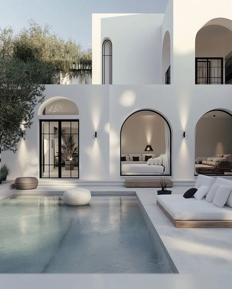 Invest in Bali Real Estate | Loving this off white Greek style villa. Do you think this design would work in Bali? Design by: @theyoungvillas and @invest.in.bali | Instagram Modern Greek House, Pool Decor Ideas, Greek Style Home, Bali Instagram, Bali Design, Bali House, Mediterranean Style Home, Mediterranean Design, Pool Decor