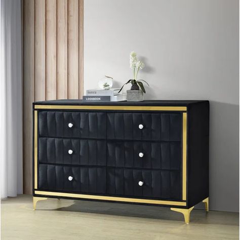 Merijn Velvet 6 Drawer Dresser Fully Assembled with Gold Legs and Trim Black And Gold Dresser, Gold Dresser, Gold Bedroom, 9 Drawer Dresser, Luxurious Bedroom, Crystal Knobs, Gold Legs, Modern Dresser, Double Dresser