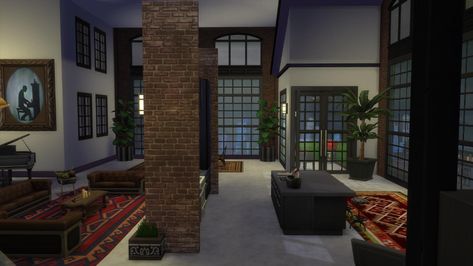 Sims 4 Penthouse Ideas, Industrial Penthouse, Sims 4 Penthouse, Sims 4 Loft, Penthouse Ideas, Industrial Living Room, Sims 4 House Plans, Sims Building, Industrial Living