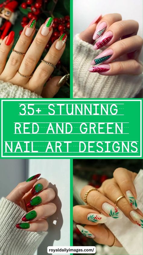 Christmas Red and Green Nail Designs Holiday Nails Red And Green, Green And Red Ombre Nails, Green And Red Christmas Nails Acrylic, Red And Green Swirl Nails, Red And Green Holiday Nails, Red And Green Nail Art, Green And Red Chrome Nails, Christmas Nail Red And Green, Christmas Nails Abstract