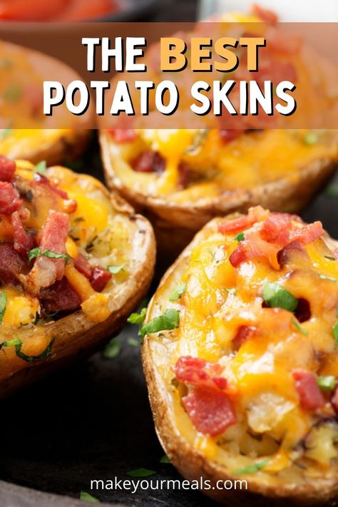 Potato Skins are one of the BEST finger food appetizers! This recipe has baked potato skins filled with cheese and bacon and topped with green onions and sour cream for the perfect, easy to eat appetizer! Potato Skins Red Potatoes, Superbowl Potato Recipes, Diy Potato Skins Recipes, Baked Potatoes With Cheese And Bacon, Red Potato Skins Appetizer, Mexican Potato Skins, Baked Potatoe Skins In The Oven, Red Potato Skins, Homemade Potato Skins Easy