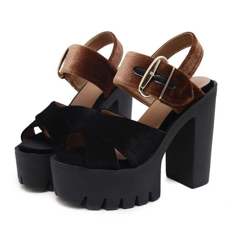 Buckle Square High Heels Block Heel Platform Sandals, Velvet Block Heels, Square Heels, Velvet Sandals, Platform Block Heels, Heels Fashion, Womens Summer Shoes, Buckle Sandals, Leather Style