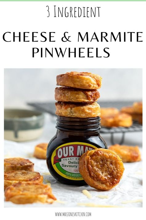 Cheese and Marmite Pinwheels Recipes With Marmite, Quick And Easy Savoury Snacks, Marmite Pinwheels, Savoury Puff Pastry, Marmite Recipes, Pastry Pinwheels, Puff Pastry Twists, Puff Pastry Pinwheels, Savory Puff Pastry